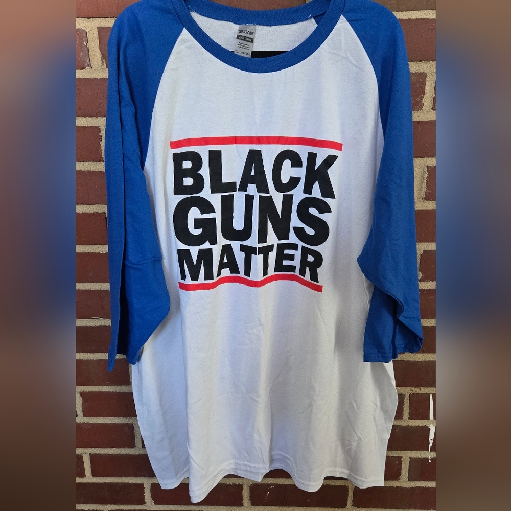 Black Guns Matter Graphic Tee 3XL Gildan Heavy Cotton Blue White Raglan Shirt